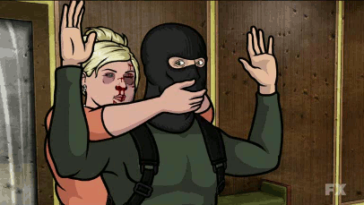 A GIF of Pam Poovey snapping a masked man's neck in Archer.